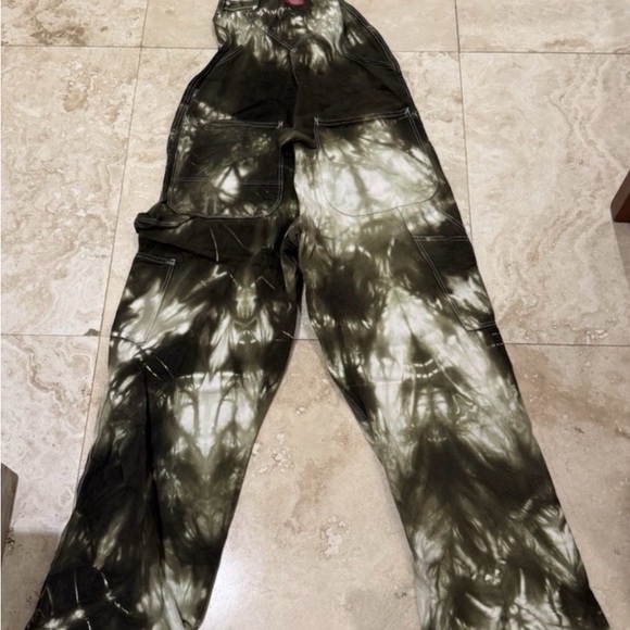 Dickies Olive Green Tie-Dye Bib Overalls with Gray Straps - Picture 2 of 6